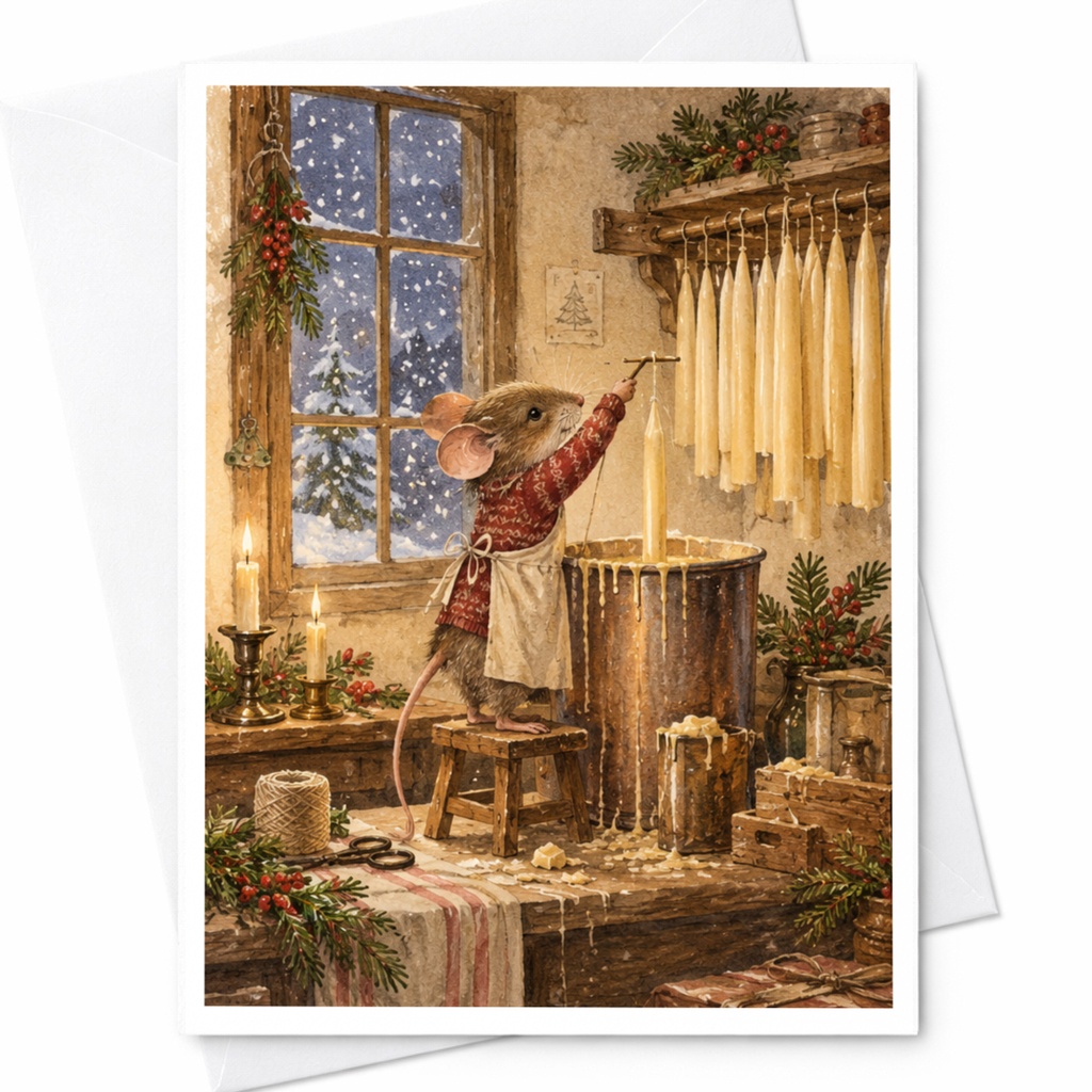 Mouse Making Candles Christmas Card Cozy Winter Scene Holiday Greeting Card For Animal Lover Cute Festive Illustration C9063