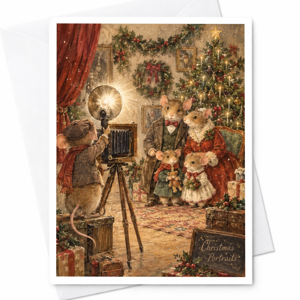 Christmas Portraits Cute Christmas Card Mice Family Holiday Greeting Card Festive Animal Illustration For Family C9065