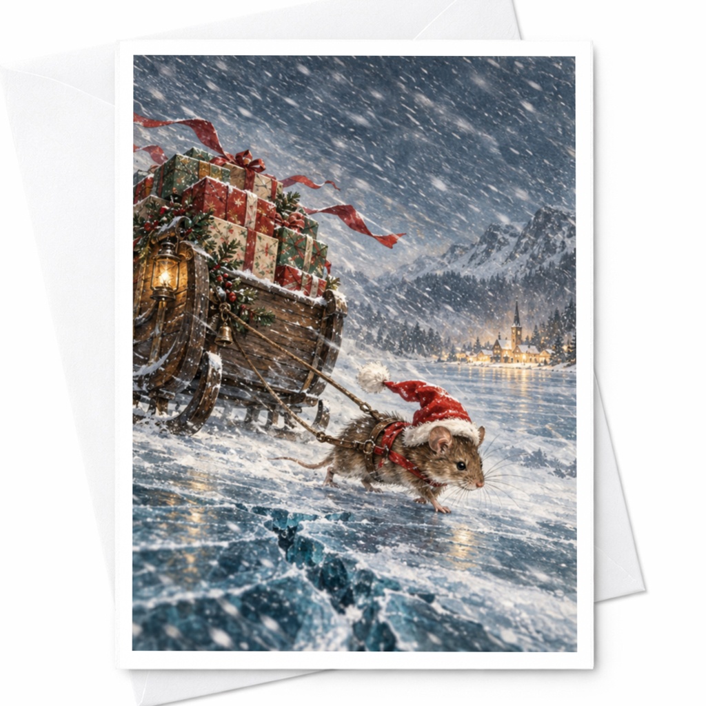 Mouse Pulling Sleigh Christmas Card Cute Animal Holiday Greeting Card Winter Scene For Animal Lover Festive Snowy Card C9008