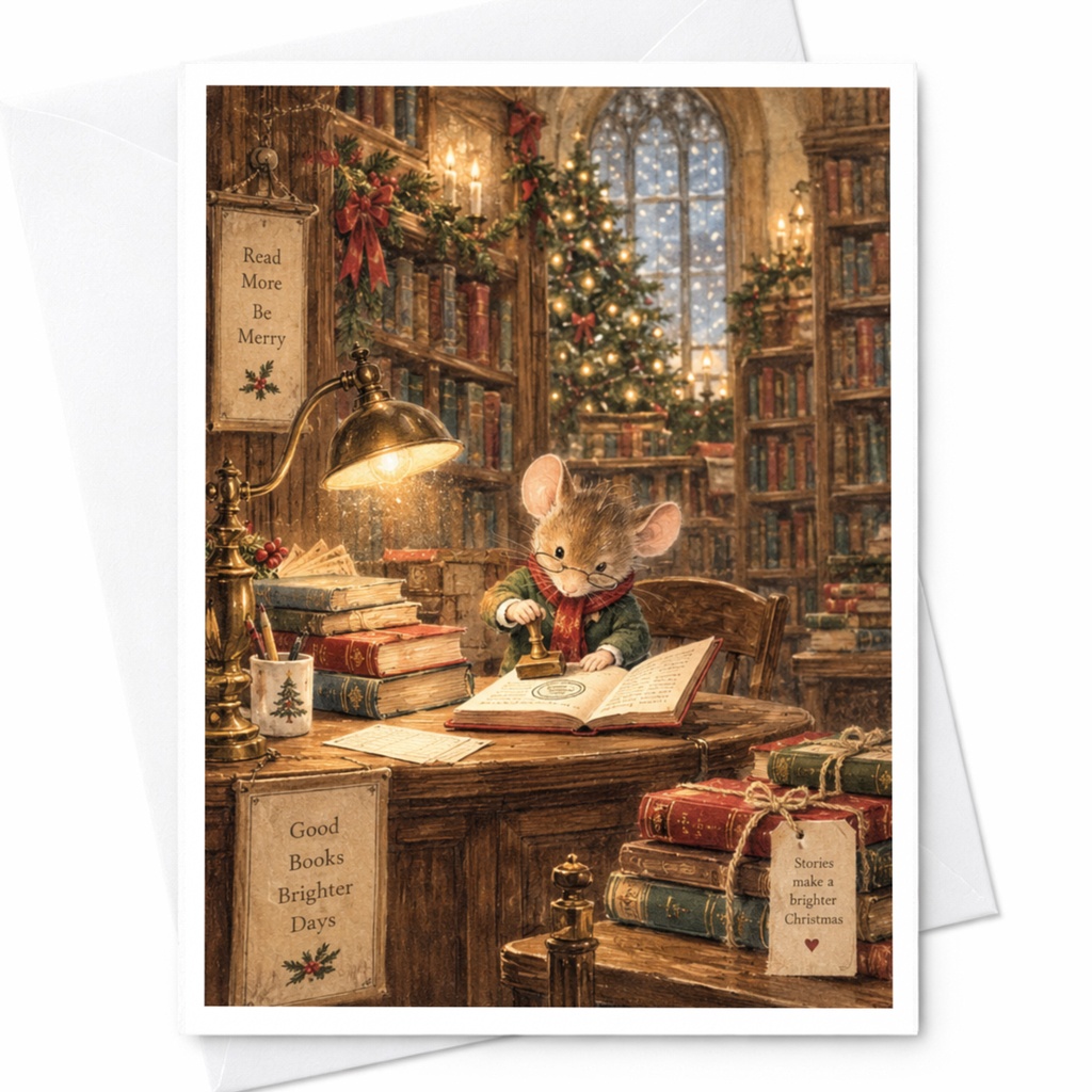Read More Be Merry Christmas Card Cozy Mouse Library Scene Holiday Greeting Card For Book Lovers Cute Festive Card C9067