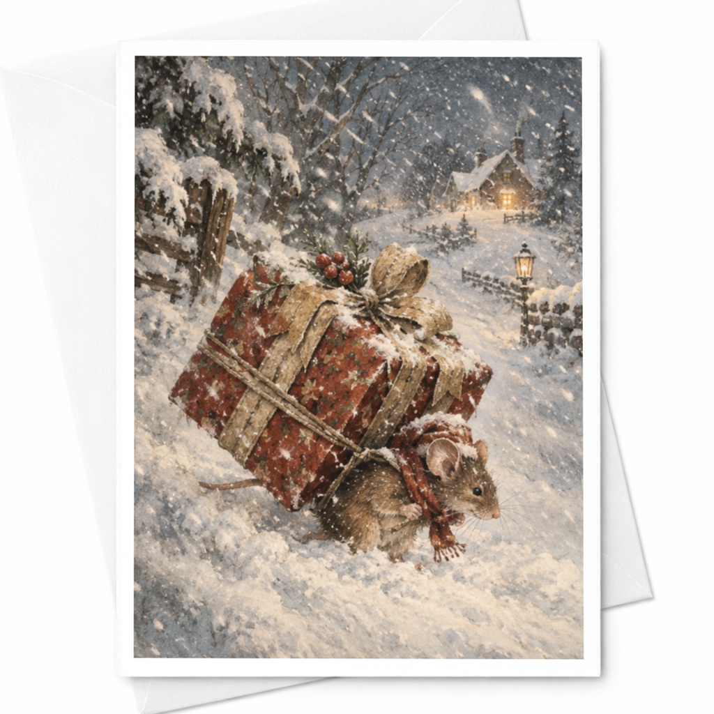 Mouse With Gift In Snow Christmas Card Cute Winter Scene Holiday Greeting Card For Animal Lover Festive Seasonal Card C9009