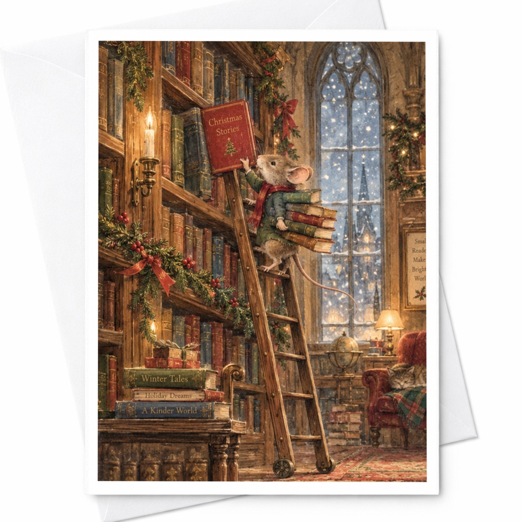 Christmas Stories Christmas Card Cute Mouse In Library Holiday Greeting Card Winter Scene Festive Illustration For Book Lover C9068