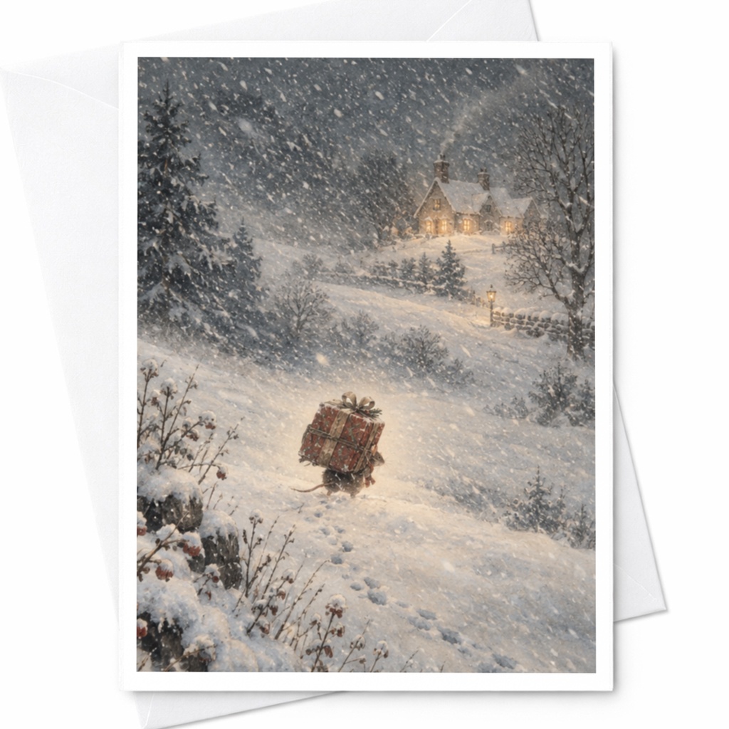 Mouse Carrying Gift Christmas Card Winter Scene Holiday Greeting Card Cute Animal Illustration For Friend Family C9010