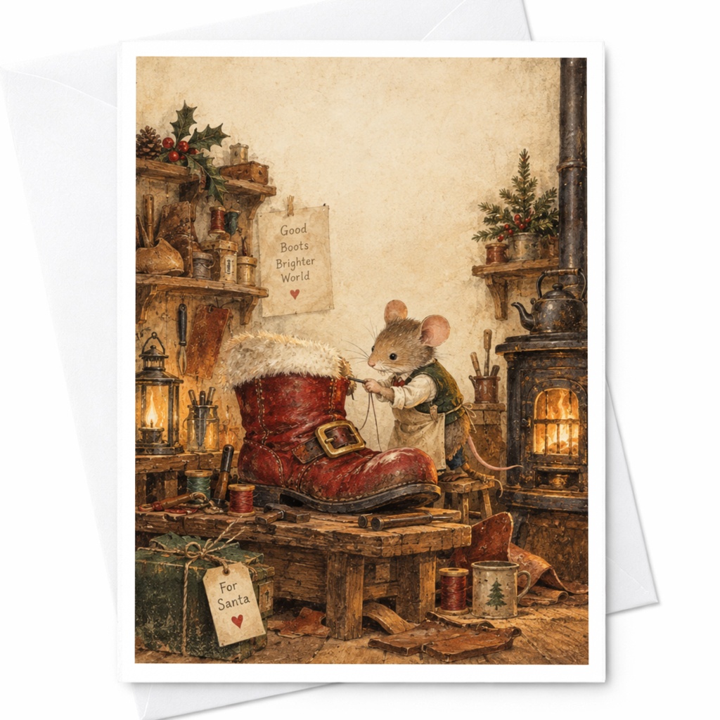 Good Boots Brighter World Christmas Card Cute Mouse With Santa Boot Holiday Greeting Card For Santa Festive Winter Scene C9069