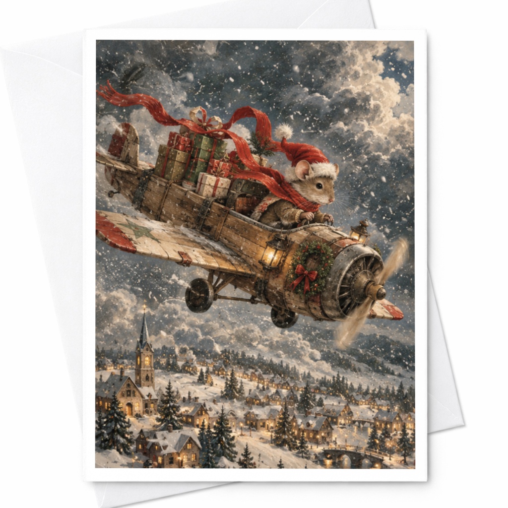 Mouse Flying Plane Christmas Card Cute Animal Holiday Greeting Card Festive Winter Scene For Kids Family Whimsical Art C9011