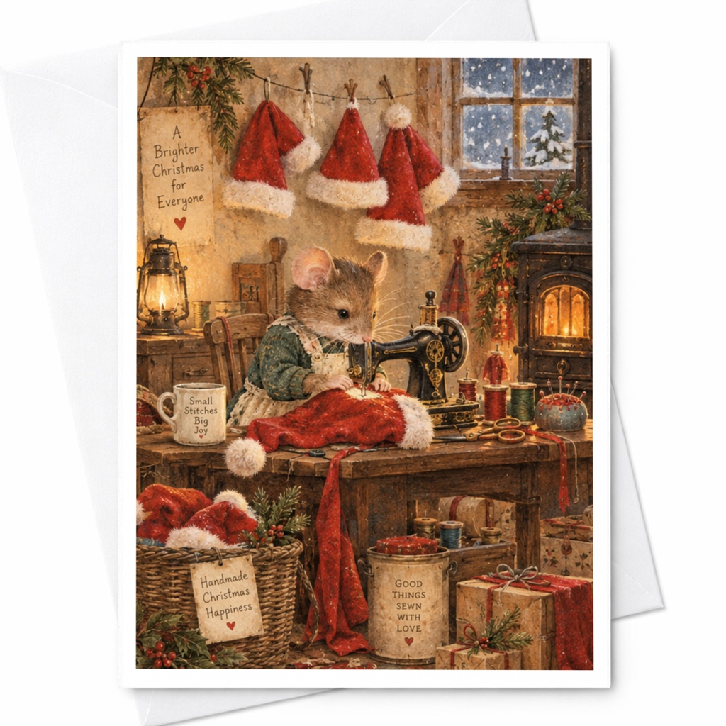 A Brighter Christmas For Everyone Cute Christmas Card Mouse Sewing Holiday Greeting Card Festive Animal Art For Family C9071