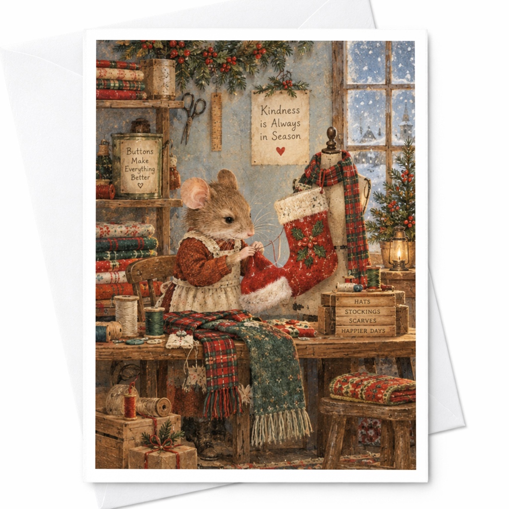 Kindness Is Always In Season Christmas Card Cute Mouse Sewing Holiday Greeting Card Festive Winter Scene For Friend C9072