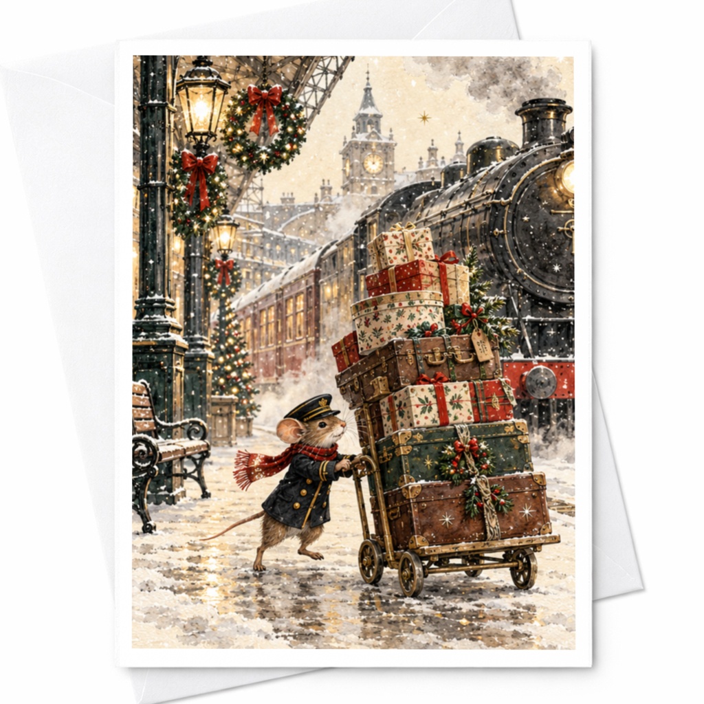 Christmas Mouse Card Cute Holiday Greeting Card Winter Train Scene Festive Animal Card For Kids Family Christmas Card C9073