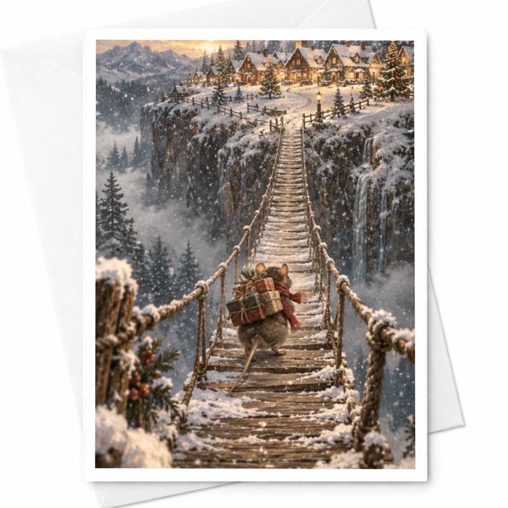 Mouse Carrying Gifts Christmas Card Cute Winter Scene Holiday Greeting Card For Animal Lover Festive Snowy Landscape C9016