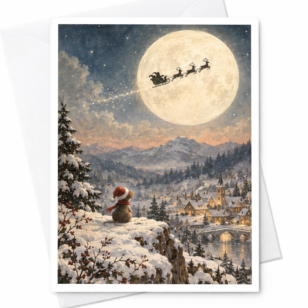 Santa Sleigh Over Moonlit Winter Village Christmas Card Cute Holiday Greeting Card For Family Festive Scene Snowy Landscape C9018