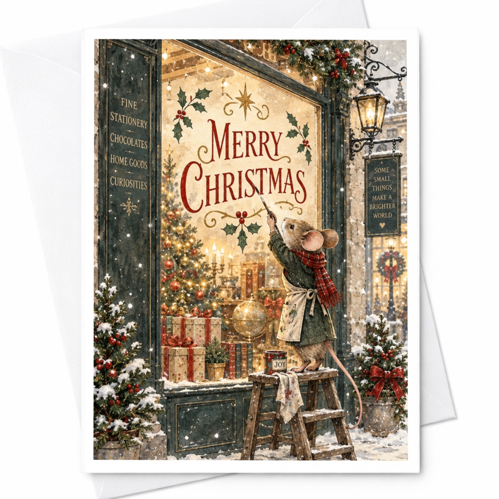 Merry Christmas Card Cute Mouse Decorating Shop Window Holiday Greeting Card Festive Winter Scene For Family Friends C9076