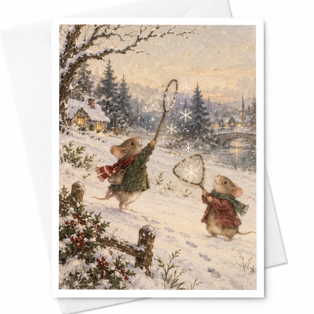 Mice Catching Snowflakes Christmas Card Cute Winter Scene Holiday Greeting Card For Animal Lover Whimsical Festive Card C9077