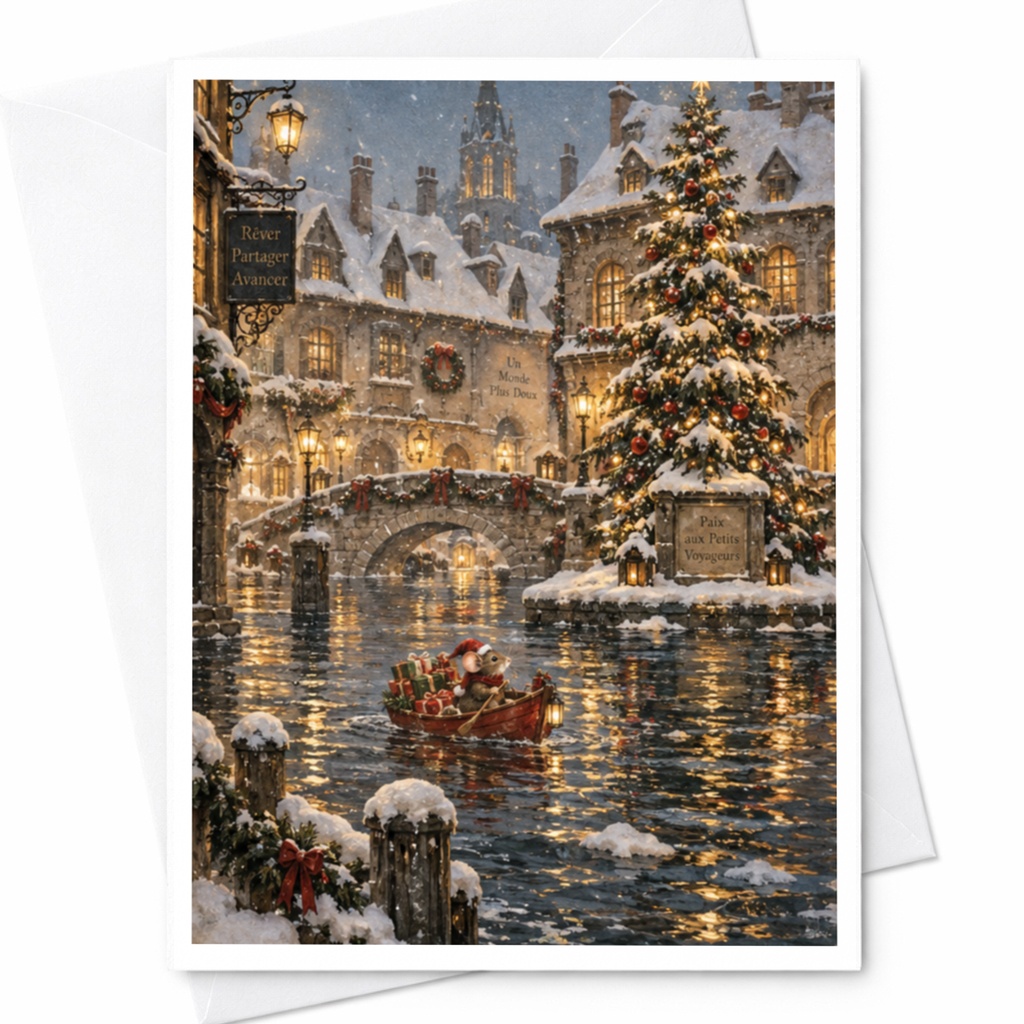 Un Monde Plus Doux Christmas Card Santa In Boat Holiday Greeting Card Festive Village Scene Winter Wonderland C9020