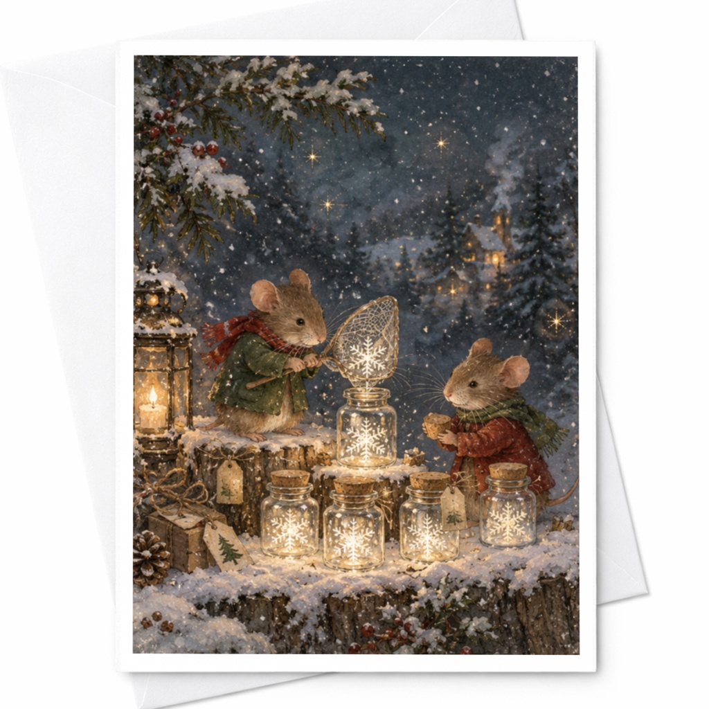 Mice In Snowy Forest Christmas Card Cute Winter Scene Holiday Greeting Card For Animal Lover Festive Lanterns C9078