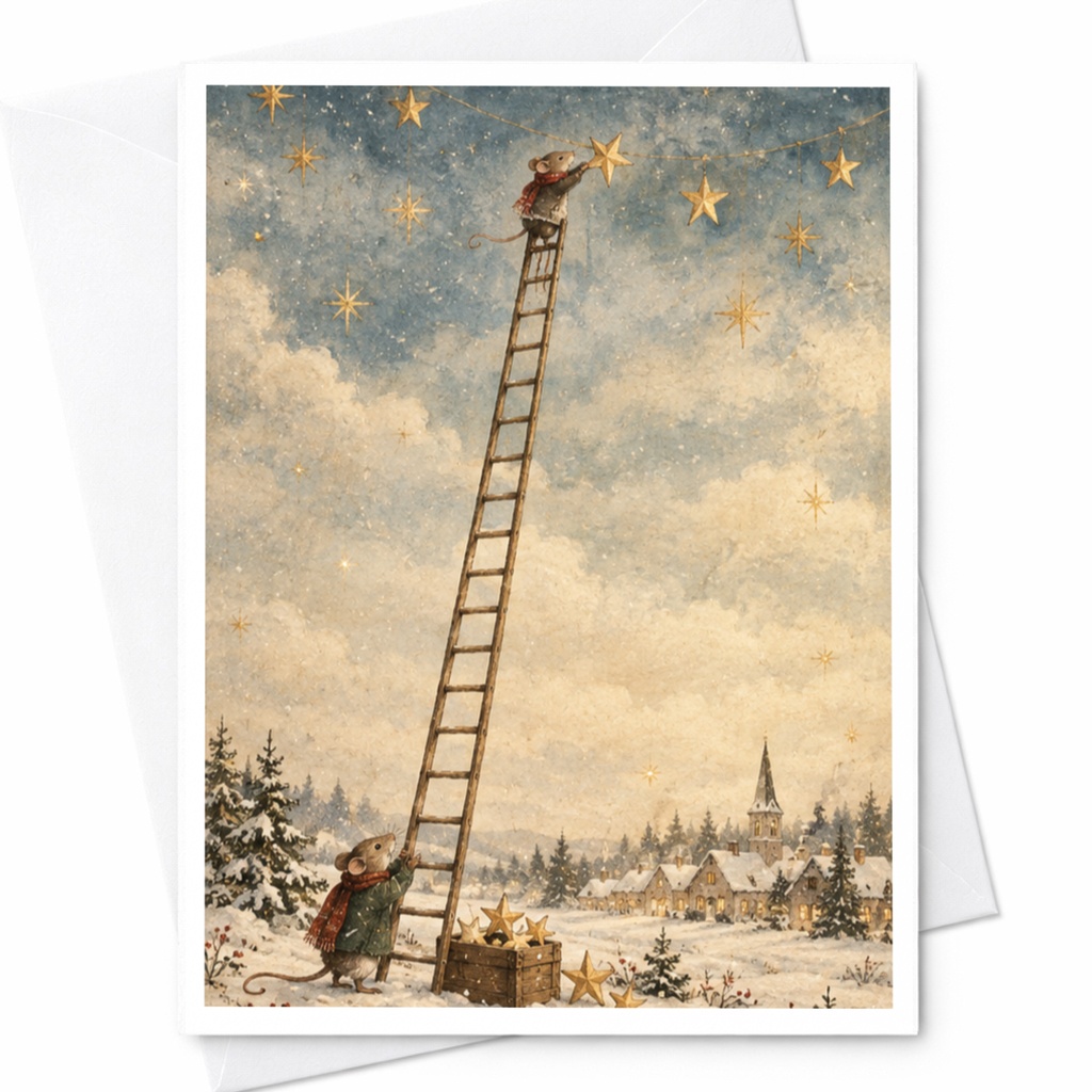 Mice Hanging Stars Christmas Card Cute Winter Scene Holiday Greeting Card For Animal Lover Whimsical Festive Card C9080