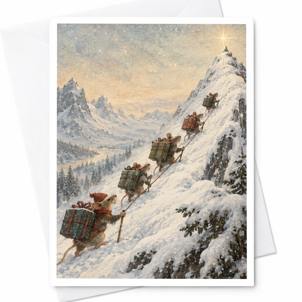 Mice Climbing Snowy Mountain Christmas Card Cute Holiday Greeting Card Winter Scene For Animal Lover Festive Gift Card C9023
