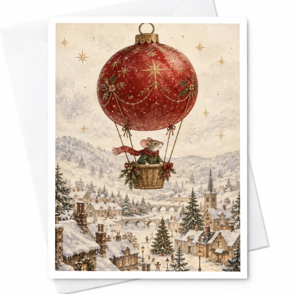 Mouse Hot Air Balloon Christmas Card Cute Holiday Greeting Card Winter Wonderland Scene For Animal Lover Festive Card C9081