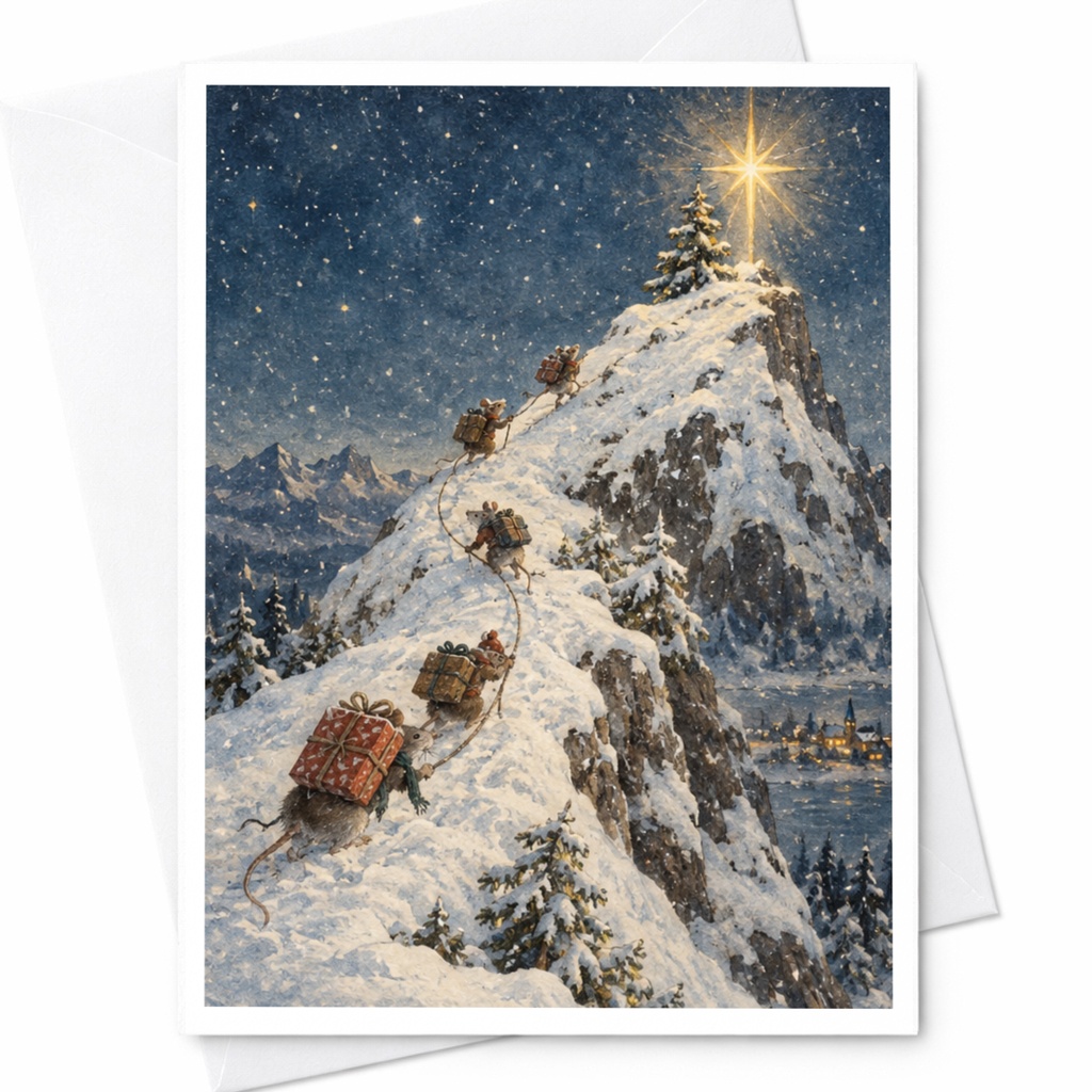 Mice Carrying Gifts Christmas Card Cute Holiday Greeting Card Winter Scene For Animal Lover Festive Snowy Mountain Card C9024