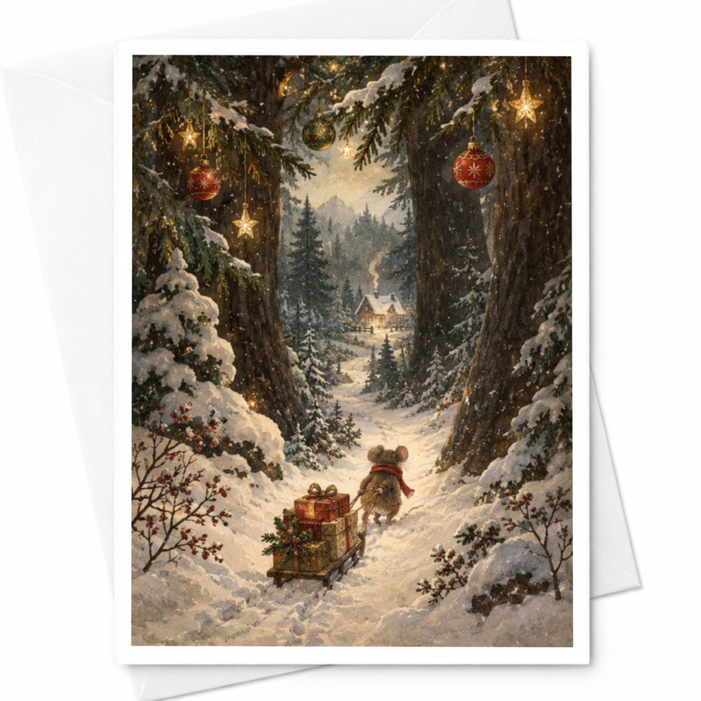 Mouse Pulling Sled Christmas Card Cute Winter Scene Holiday Greeting Card For Animal Lover Festive Snowy Forest Illustration C9025