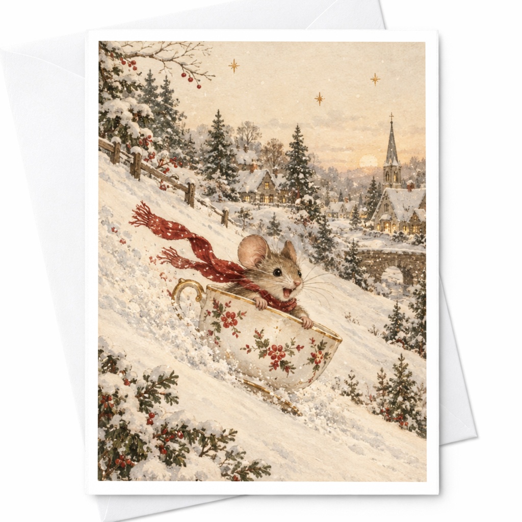 Mouse Sledding In Teacup Christmas Card Cute Winter Scene Holiday Greeting Card For Animal Lover Festive Snowy Village C9083