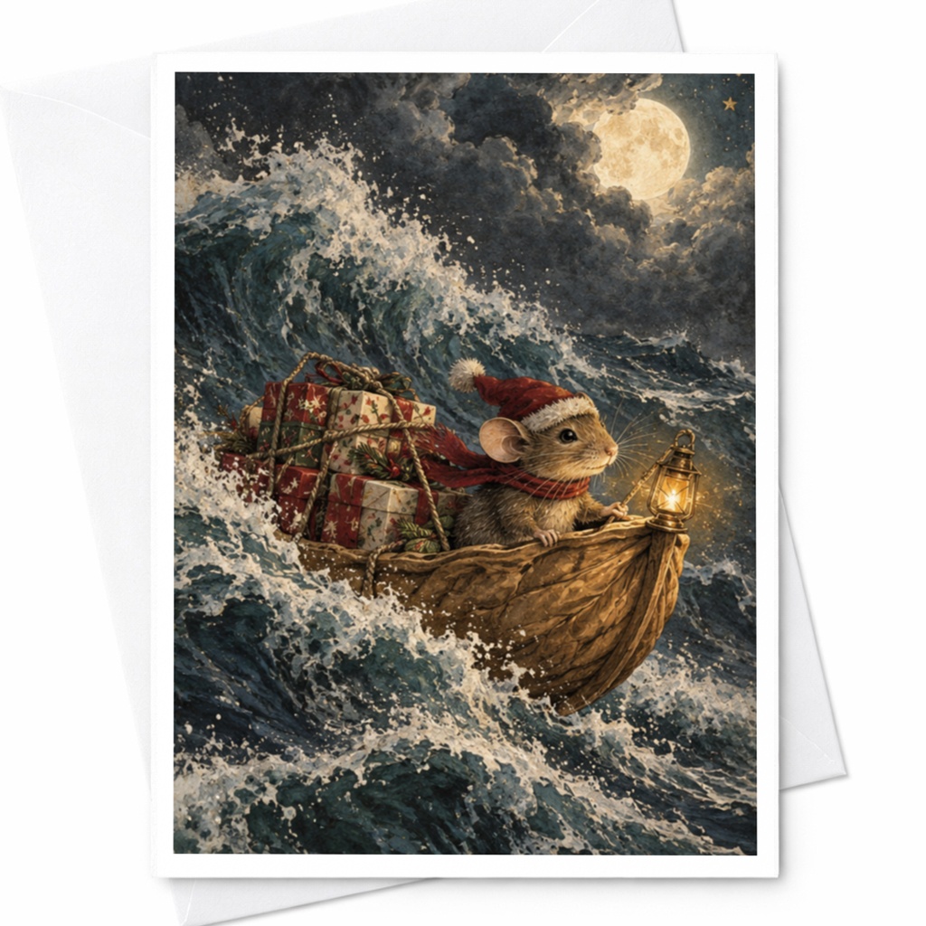 Mouse Christmas Card Cute Animal Greeting Card Holiday Card For Animal Lover Festive Mouse In Boat With Gifts C9027