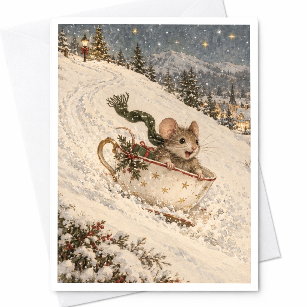 Mouse Sledding In Teacup Christmas Card Cute Winter Scene Holiday Greeting Card For Animal Lover Festive Snowy Landscape C9084