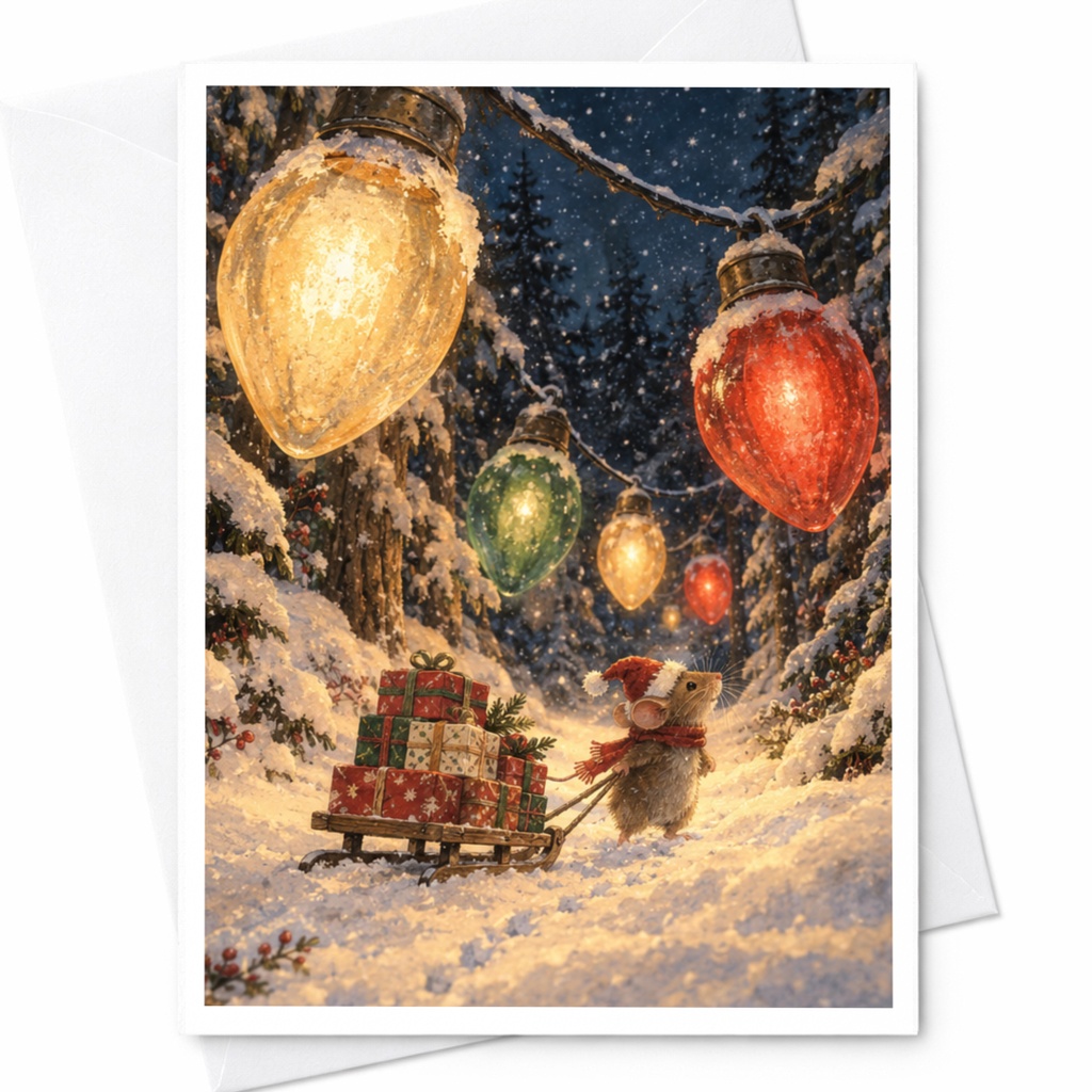 Mouse With Gifts Christmas Card Cute Holiday Greeting Card Winter Scene For Animal Lover Festive Lights Snowy Forest C9031