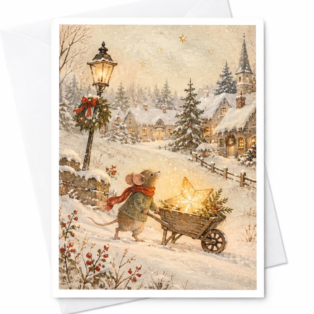 Mouse With Star Christmas Card Cute Winter Scene Holiday Greeting Card For Animal Lover Festive Snowy Village Illustration C9087
