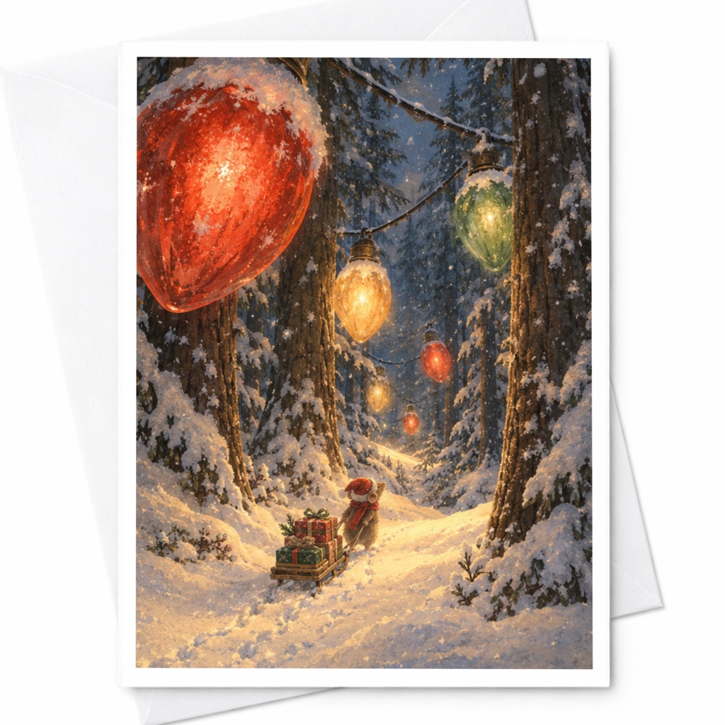 Winter Forest Christmas Card Cute Holiday Greeting Card Snowy Scene With Lights And Gifts For Family And Friends C9032