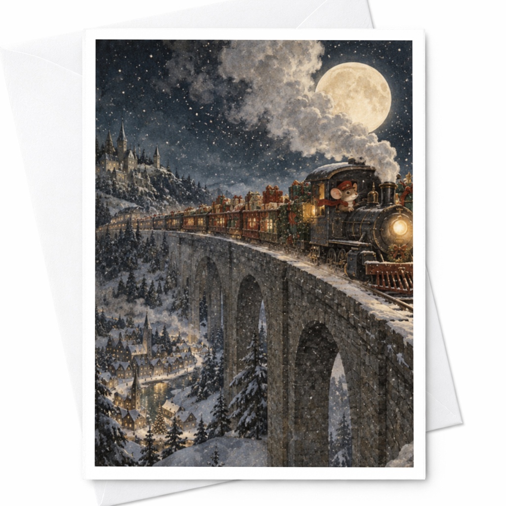 Santa Train Christmas Card Festive Winter Scene Holiday Greeting Card For Family Snowy Landscape Cute Santa Illustration C9033