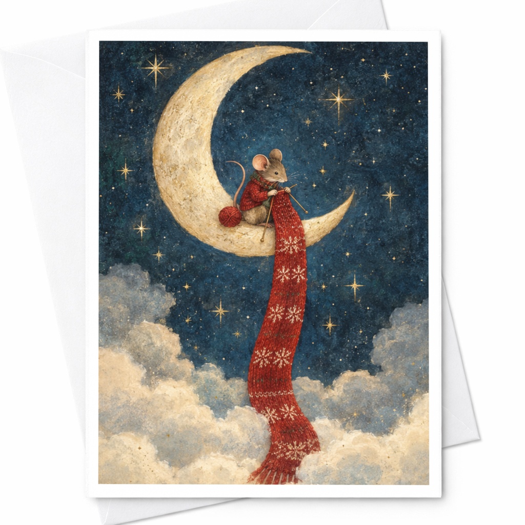 Mouse Knitting On Moon Blank Greeting Card Cute Animal Card For Friend Whimsical Art Card Starry Night Illustration C9089