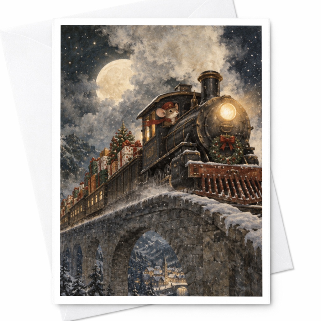 Christmas Train Card Cute Mouse Holiday Greeting Card Festive Winter Scene For Kids Family Christmas Card With Gifts C9034