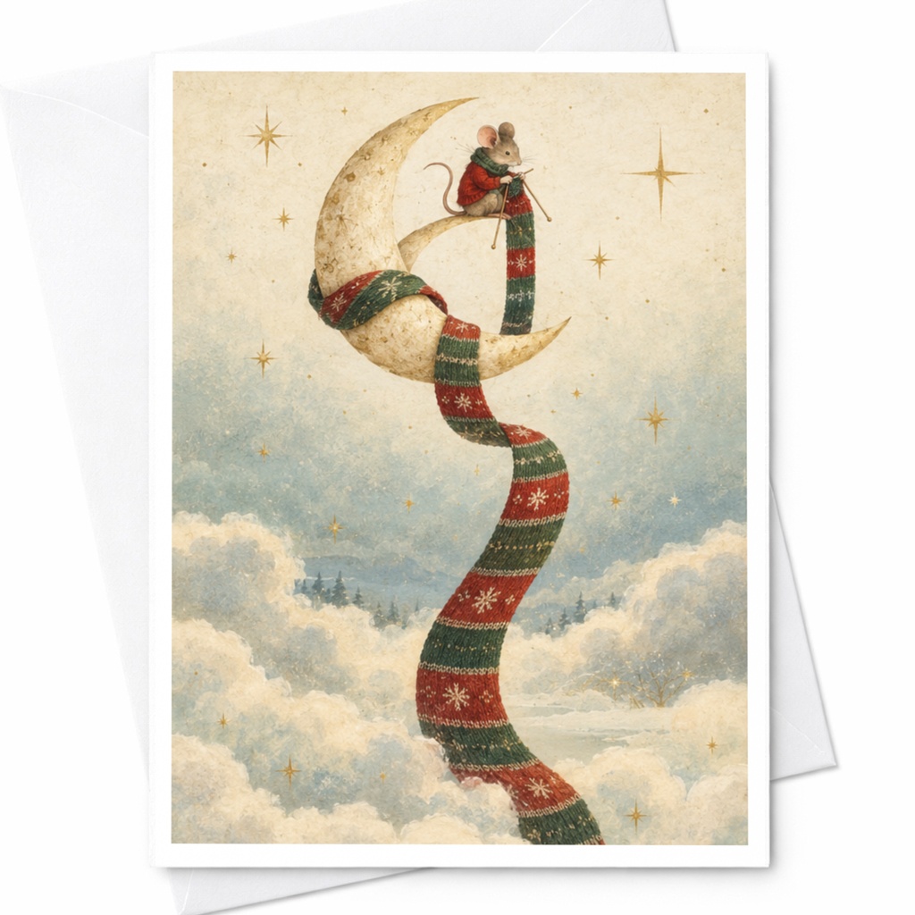 Mouse On Moon Christmas Card Cute Holiday Greeting Card For Animal Lover Whimsical Winter Scene Festive Card With Scarf C9090