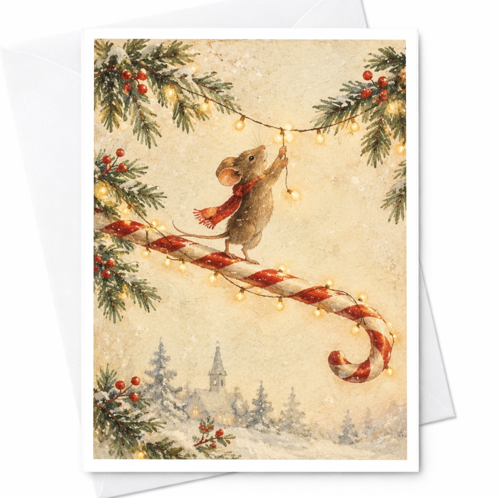 Mouse On Candy Cane Christmas Card Cute Holiday Greeting Card For Animal Lover Festive Winter Scene With Lights C9093