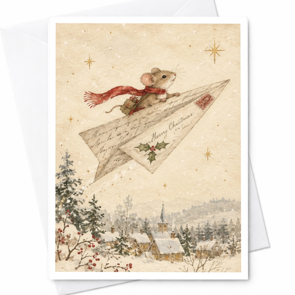Merry Christmas Cute Mouse Card Christmas Card Adorable Animal Holiday Greeting Card Winter Scene For Kids Family C9095