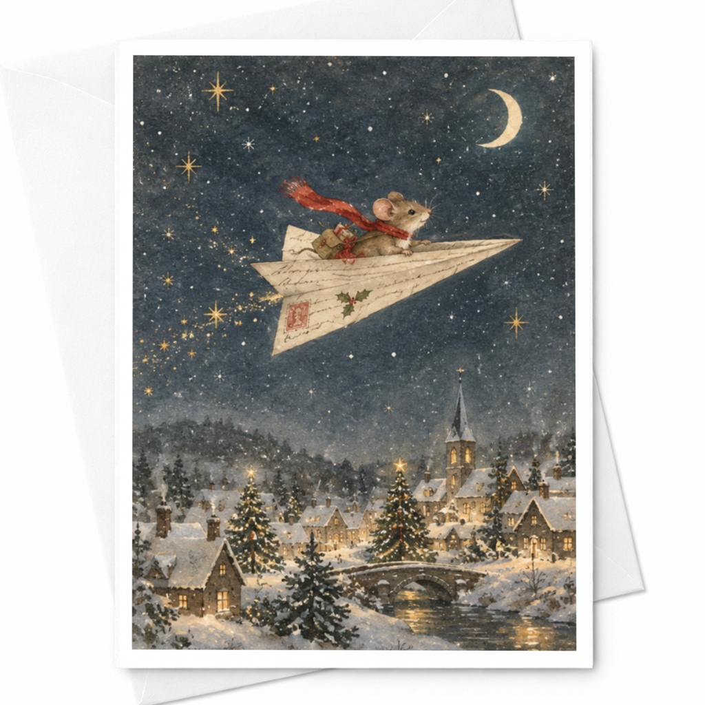 Mouse On Paper Airplane Christmas Card Winter Village Scene Cute Holiday Greeting Card For Animal Lover Festive Snowy Night C9096