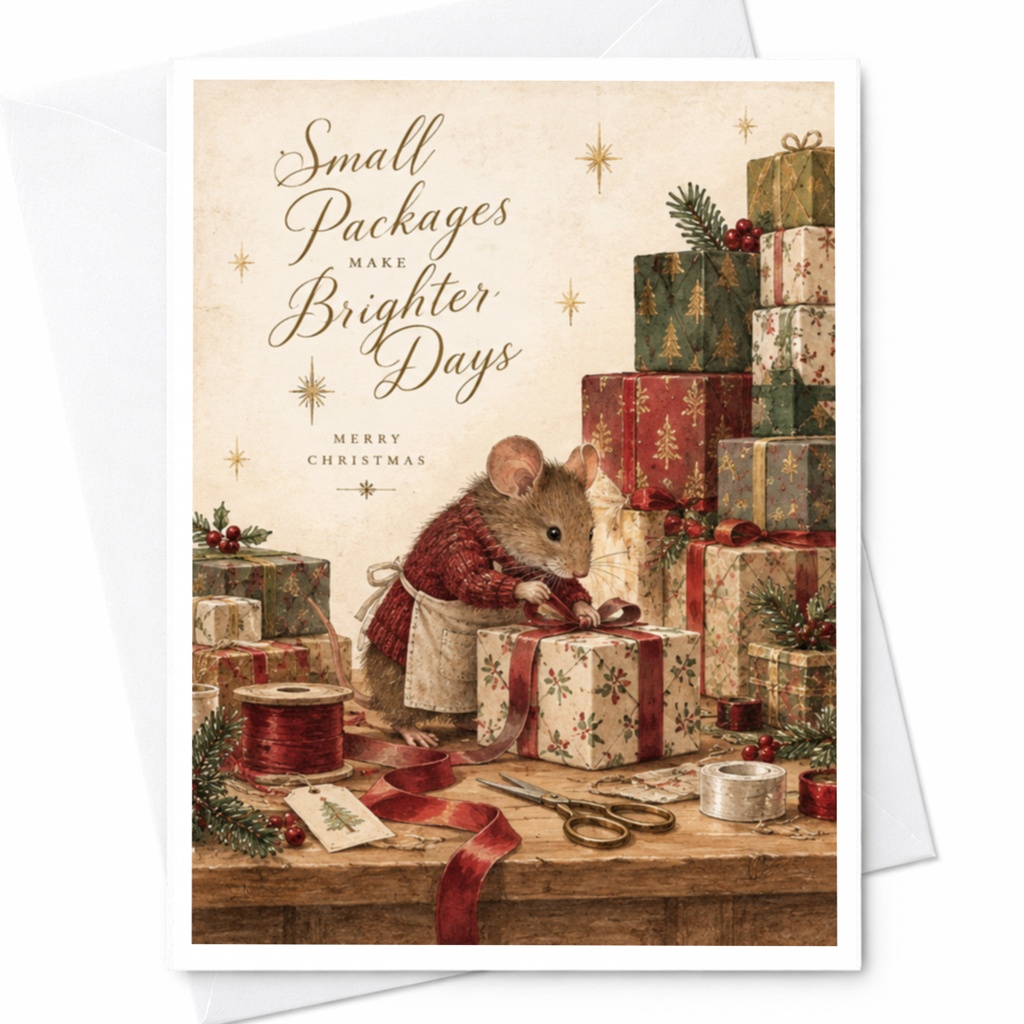 Small Packages Make Brighter Days Merry Christmas Card Cute Mouse With Gifts Holiday Greeting Card For Family Friends C9041