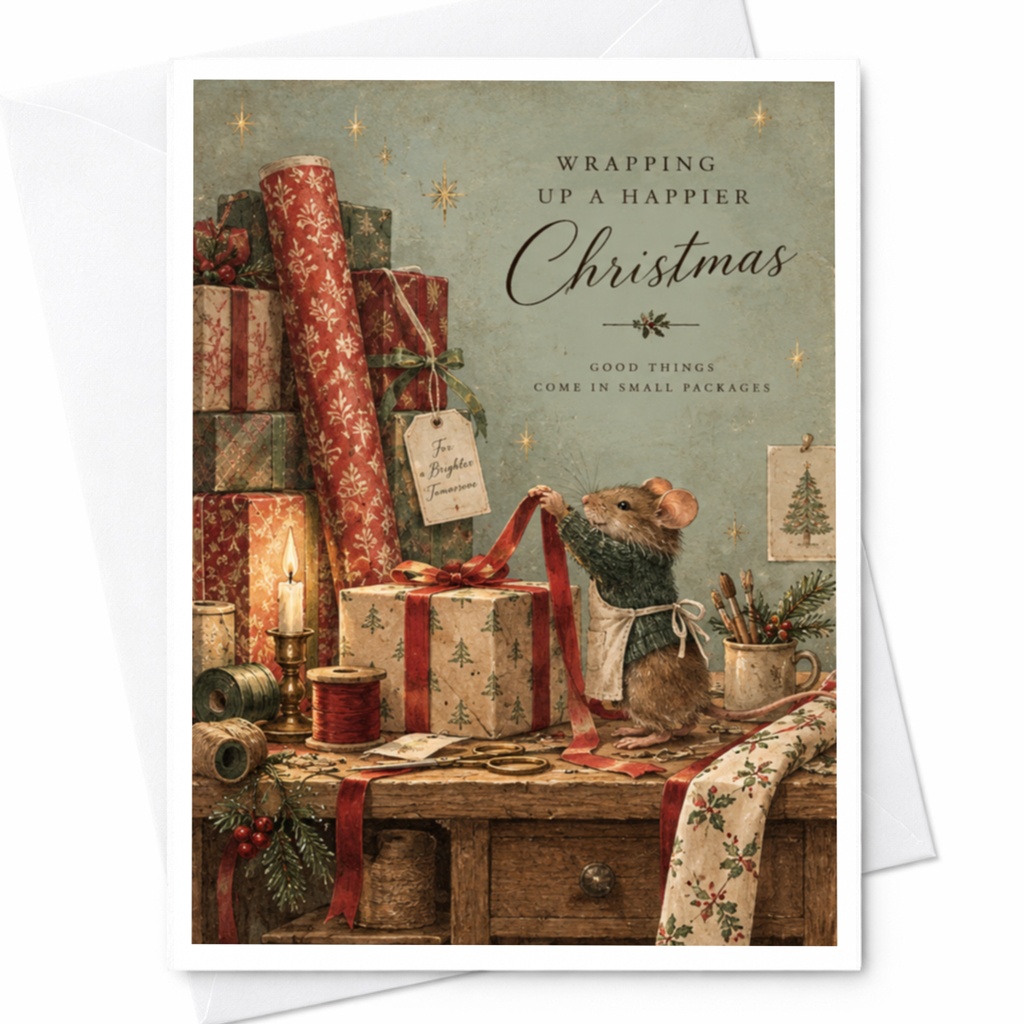 Wrapping Up A Happier Christmas Card Cute Mouse Wrapping Gifts Holiday Greeting Card Festive Christmas Card For Family C9042