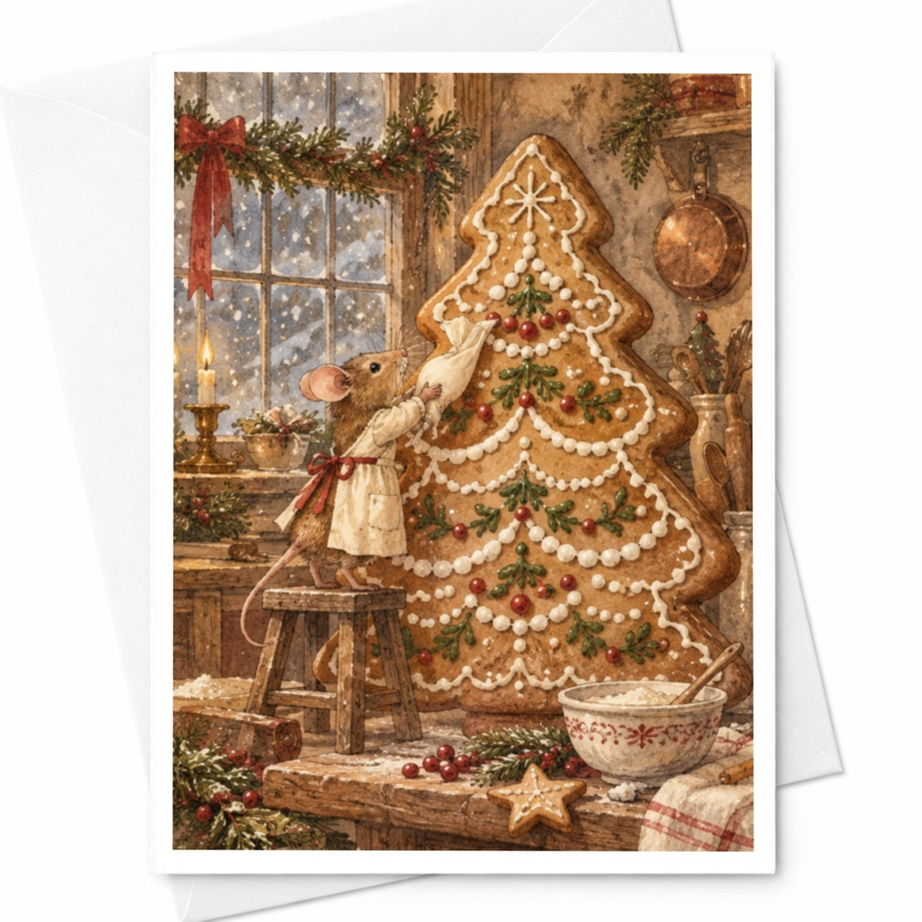 Mouse Decorating Gingerbread Tree Christmas Card Cute Holiday Greeting Card For Kids Animal Lover Festive Winter Scene C9043