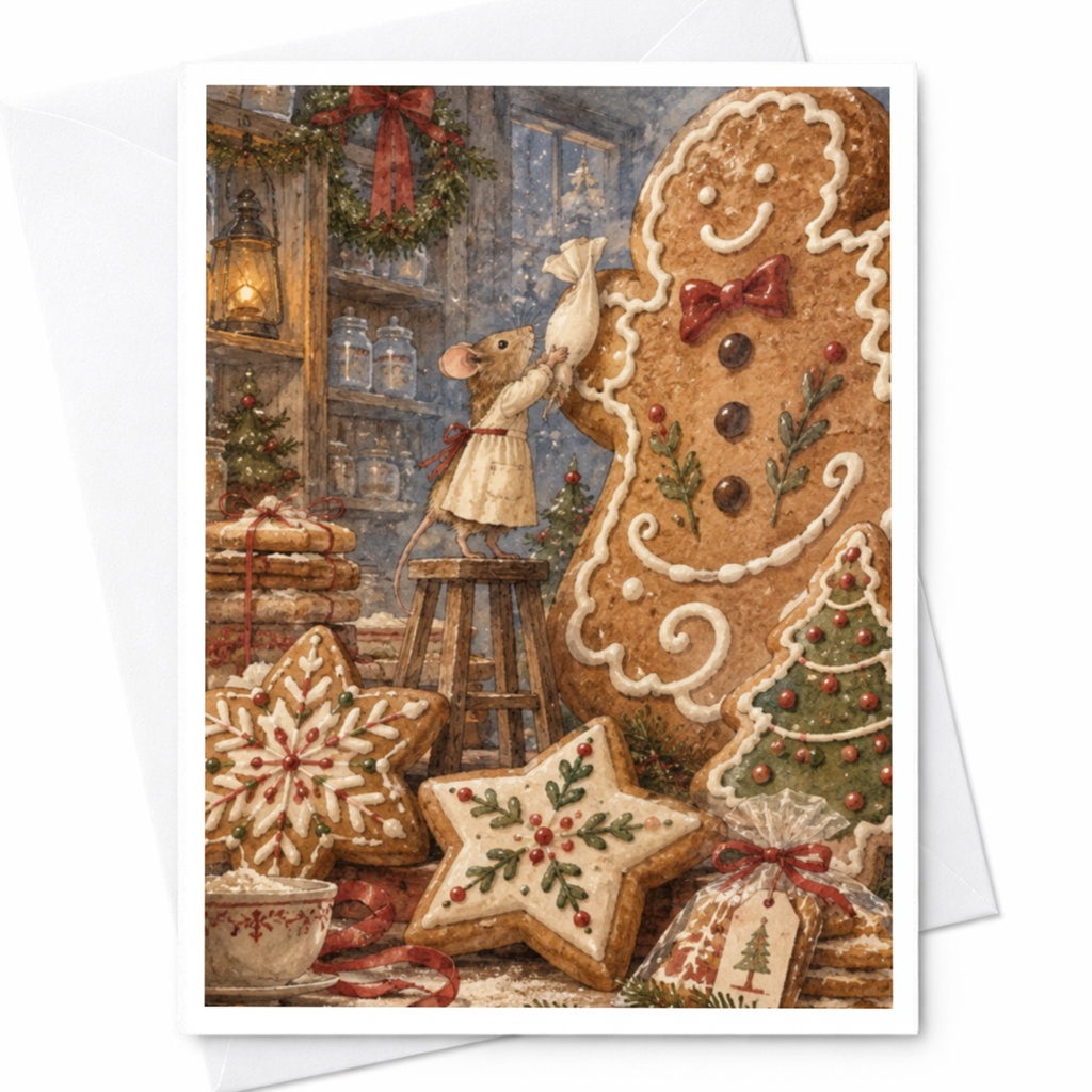 Mouse Decorating Gingerbread Christmas Card Cute Holiday Greeting Card For Kids Family Festive Winter Scene C9044