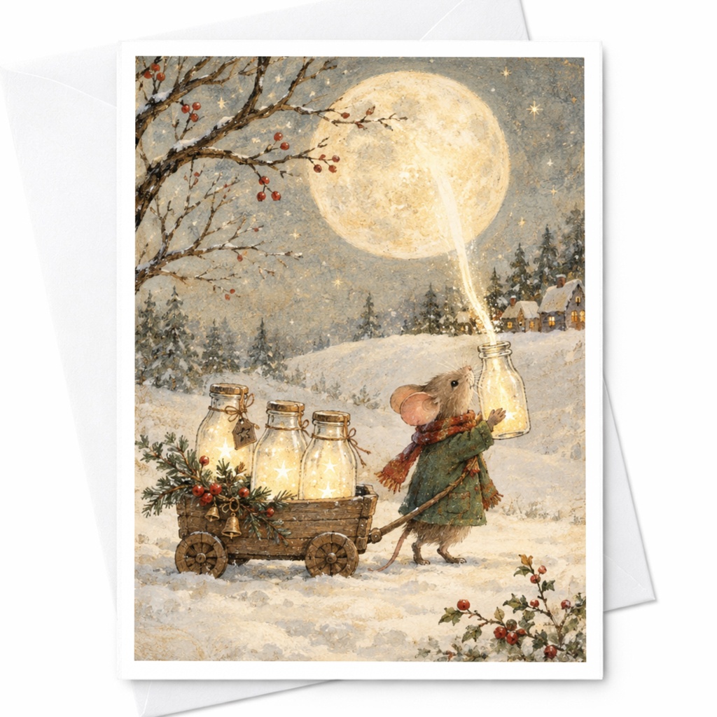 Mouse With Lanterns Christmas Card Cute Winter Scene Holiday Greeting Card For Animal Lover Festive Snowy Landscape Art C9099