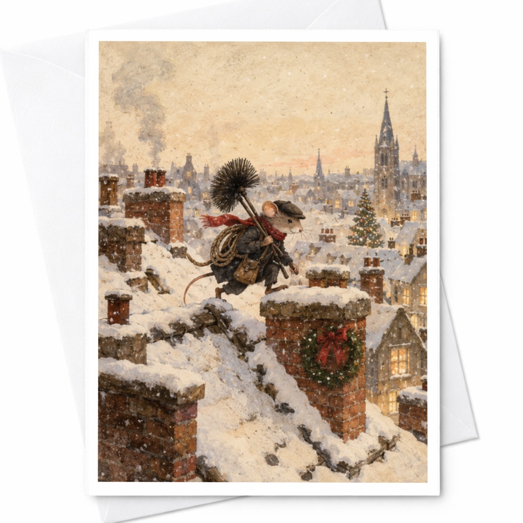 Mouse On Snowy Rooftop Christmas Card Cute Winter Scene Holiday Greeting Card For Animal Lover Festive Seasonal Card C9045