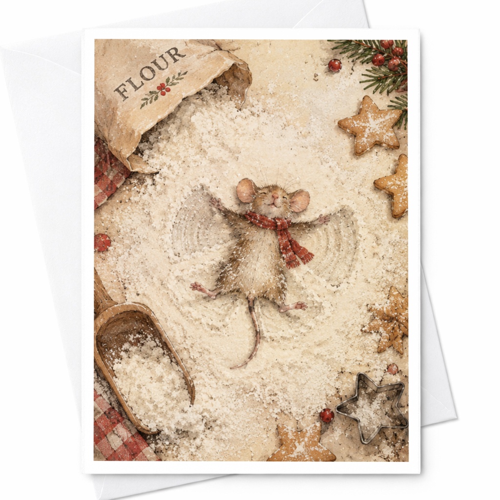 Mouse Snow Angel Christmas Card Cute Holiday Greeting Card For Animal Lover Winter Scene Adorable Festive Card With Cookies C9100