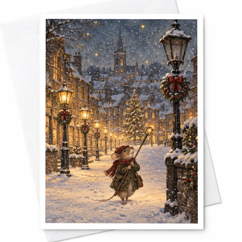Mouse In Winter Scene Christmas Card Cute Holiday Greeting Card For Animal Lover Festive Snowy Town Illustration C9048