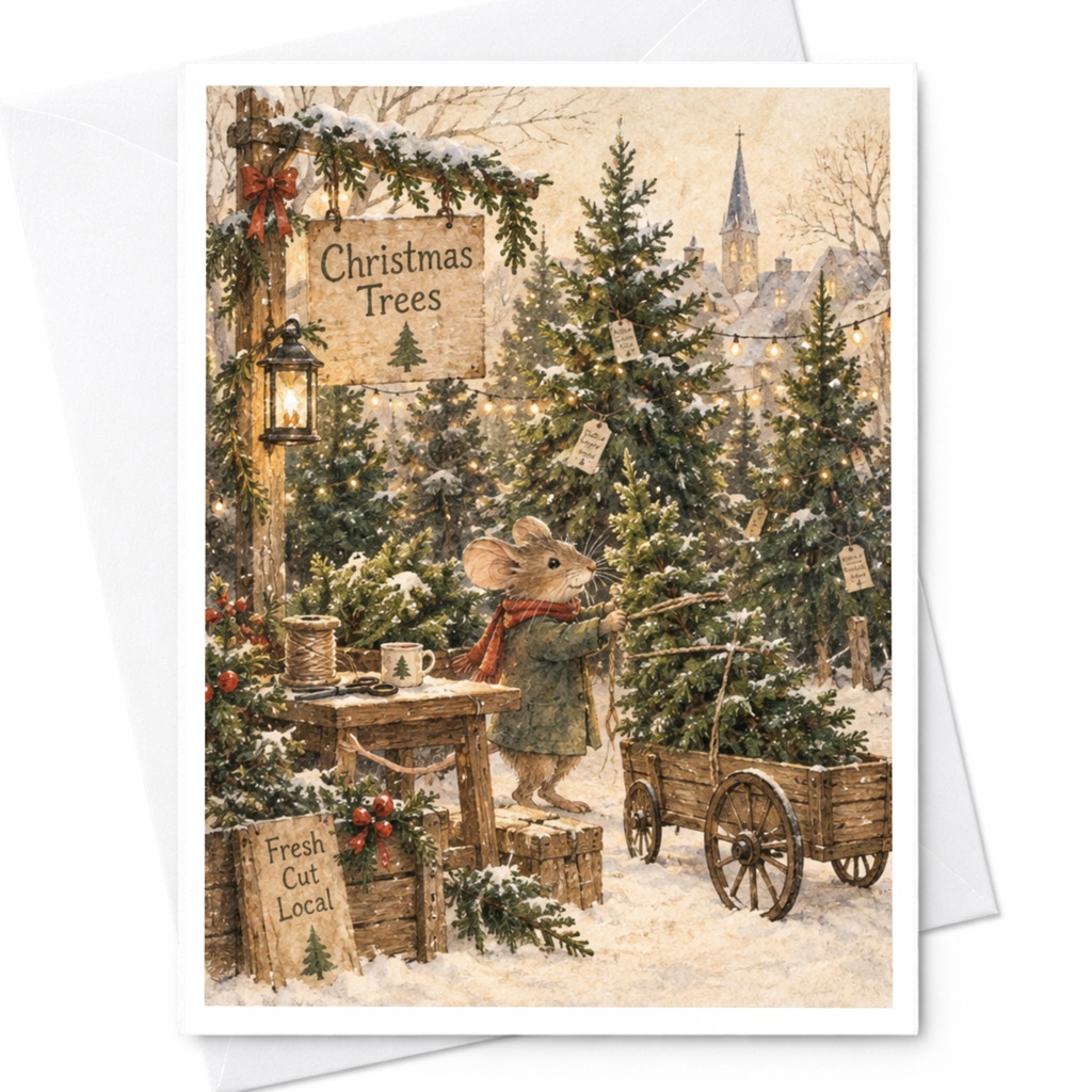 Christmas Trees Cute Christmas Card Mouse With Christmas Trees Holiday Greeting Card Winter Scene Festive Card For Friend C9049
