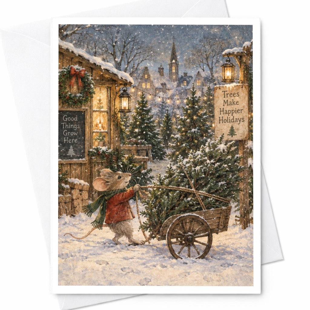 Good Things Grow Here Christmas Card Cute Mouse With Tree Holiday Greeting Card Winter Scene Festive Card For Friends C9050