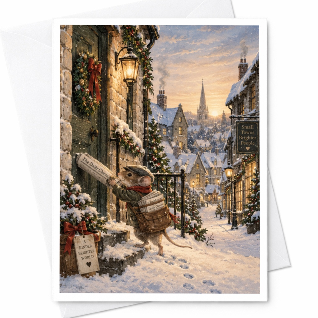 Small Towns Brighter People Christmas Card Cute Mouse Snowy Village Holiday Greeting Card Winter Scene Festive Card C9052