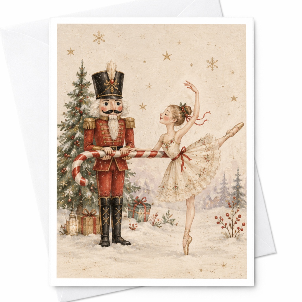 Nutcracker And Ballerina Christmas Card Holiday Greeting Card Ballet Lover Festive Winter Scene For Her Elegant Seasonal Card C9106