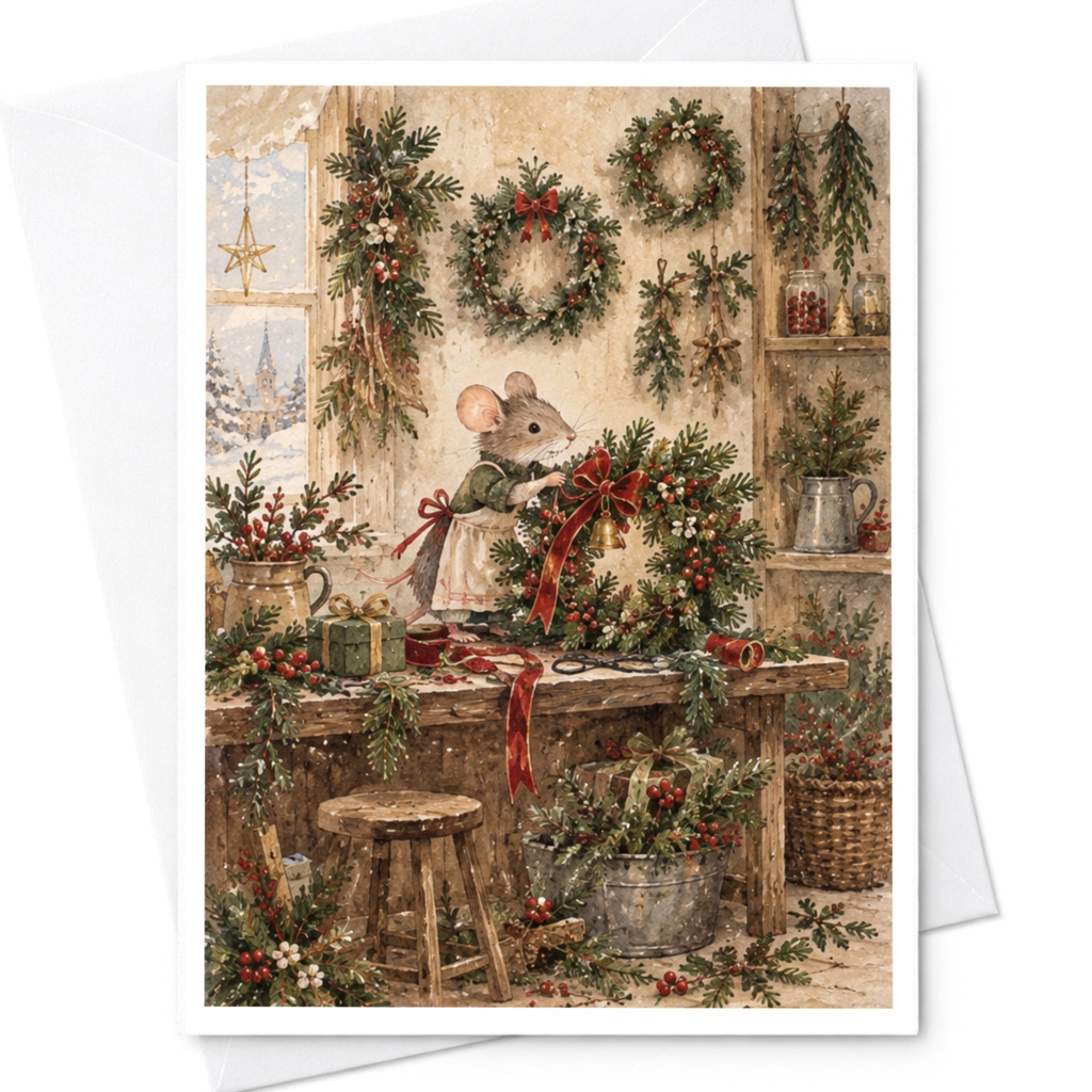 Mouse With Wreath Christmas Card Cute Holiday Greeting Card For Animal Lover Festive Winter Scene Adorable Seasonal Card C9053