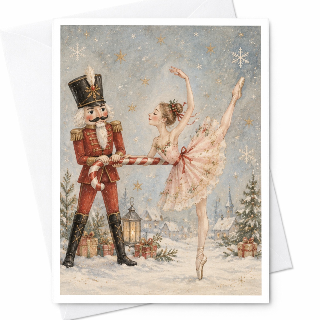 Nutcracker And Ballerina Christmas Card Holiday Greeting Card Ballet Lover Festive Winter Scene For Her Cute Seasonal Card C9107